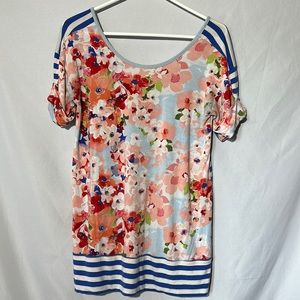 Matilda Jane womens small blue pink floral front stripe back short sleeve top